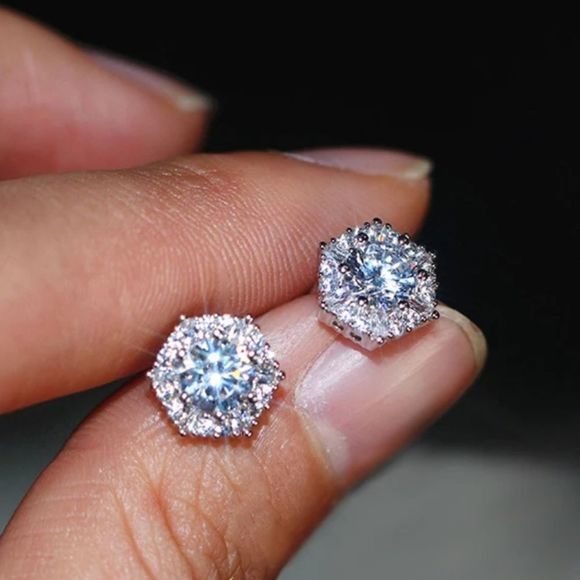 Unisex 2 CT 925 Sterling Silver Diamond Hexagon Pierced Stud Earrings - Picture 6 of 9